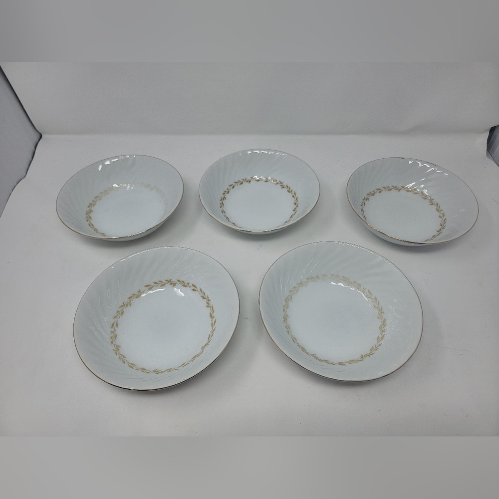 5 Vintage Grant Crest Fine China Japan Golden Swirl Set Soup / Salad Bowls